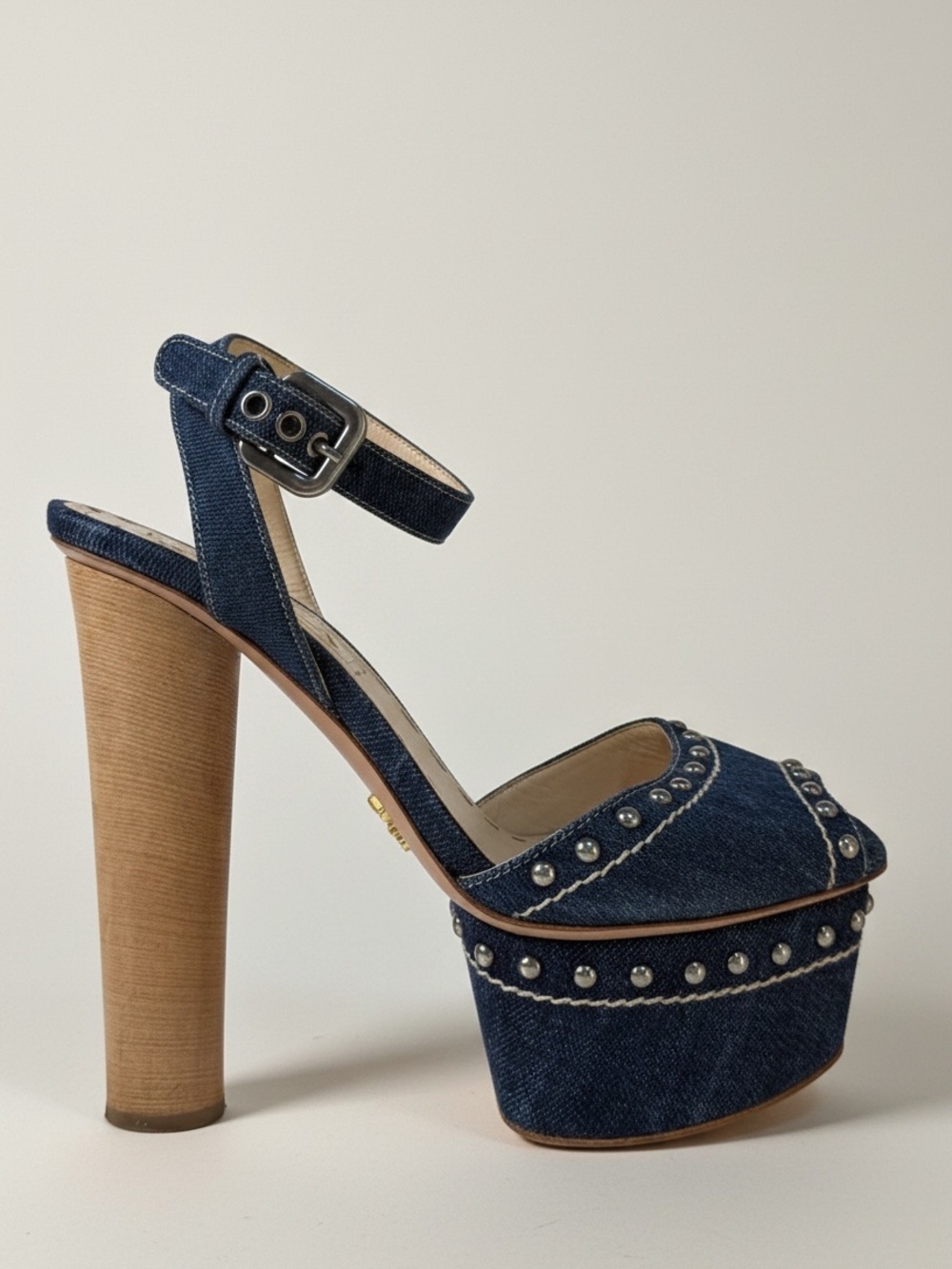 Prada Denim Platform Heels Studded Sandals | Ankle Strap | Made in Italy 35.5